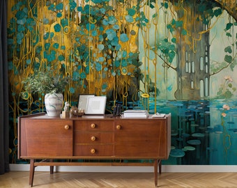 Lake & hanging leaves abstract wallpaper | Wall Decor | Home Renovation | Wall Art | Peel and Stick Or Non Self-Adhesive Vinyl Wallpaper