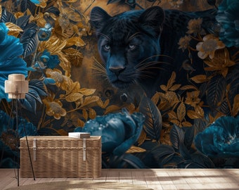 Panther and flowers tropical wallpaper | Wall Decor | Home Renovation | Wall Art | Peel and Stick Or Non Self-Adhesive Vinyl Wallpaper