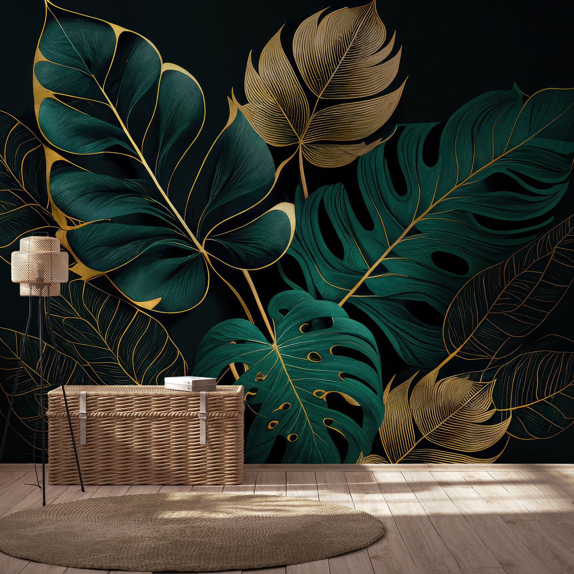 Dark Green Tropical Wallpaper, Monstera Leaf Wall Decor Home Renovation ...