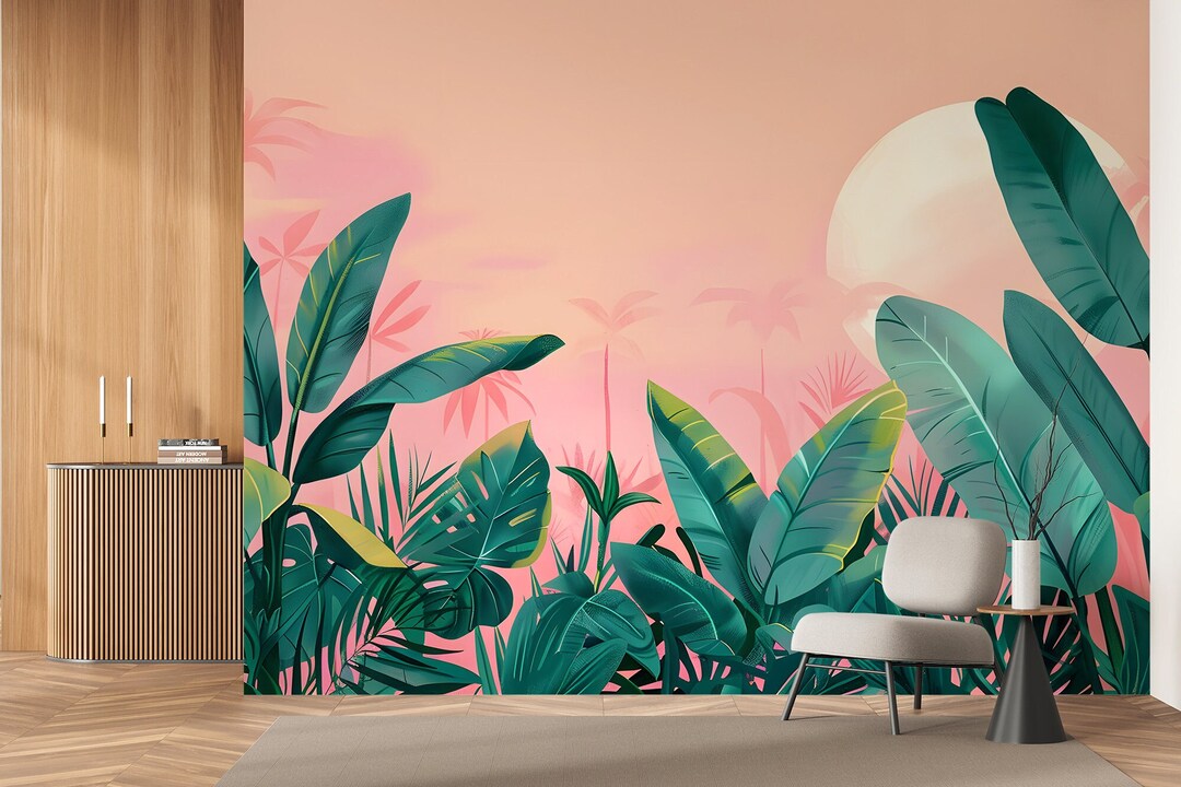 Tropical Green Leaves Wall Mural | Pink Wall Decor | Home Renovation ...