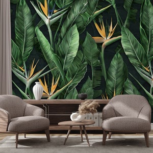 Paradiesvogel-Wandbild mit dunklen tropischen Blättern | Wanddekoration | Hausrenovierung | Wandkunst | Vinyl-Tapete zum Abziehen und Aufkleben oder nicht selbstklebend