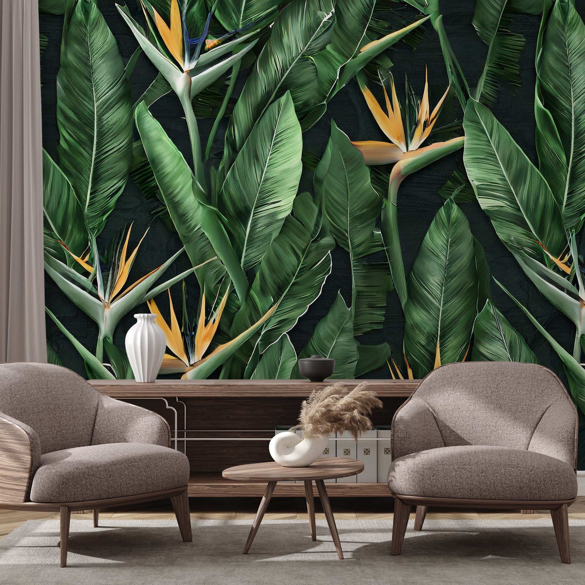 Bird of Paradise Dark Tropical Leaves Mural | Wall Decor | Home ...