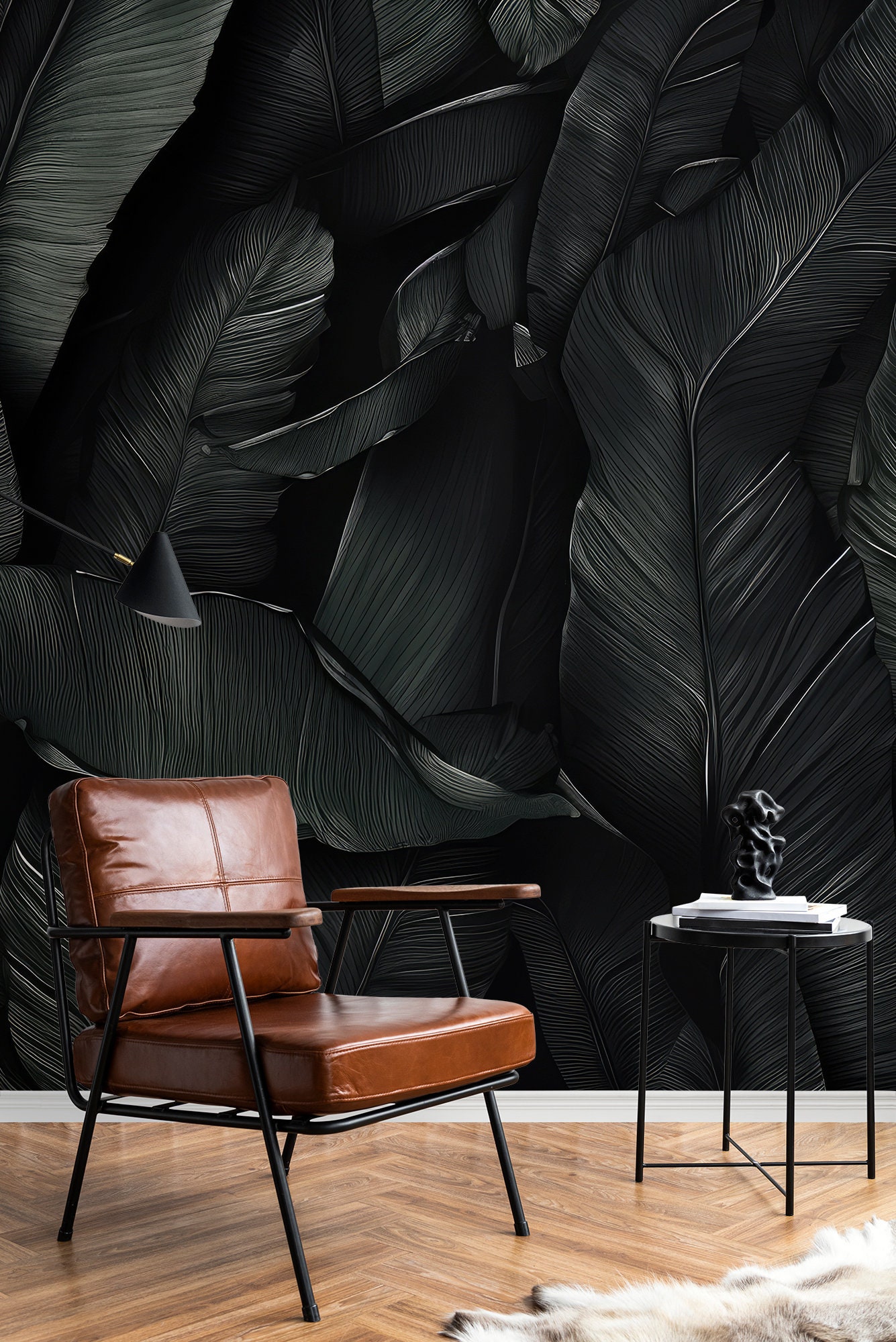 black-wallpaper-tropical-leaf-wall-mural-wall-decor-home-renovation