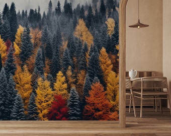 Papel tapiz de paisaje forestal con árbol | Decoración de pared | Renovación del hogar | Arte de pared | Papel tapiz de vinilo despegable y pegado o no autoadhesivo