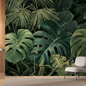 Dark jungle wallpaper, leaves wallpaper | Wall Decor | Home Renovation | Wall Art | Peel and Stick Or Non Self-Adhesive Vinyl Wallpaper