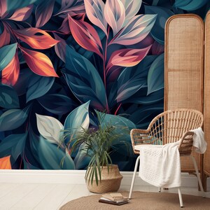 Blaue Blätter Tapete | Modernes botanisches Wanddekor | Hausrenovierung | Wandkunst | Vinyl-Tapete zum Abziehen und Aufkleben oder nicht selbstklebend
