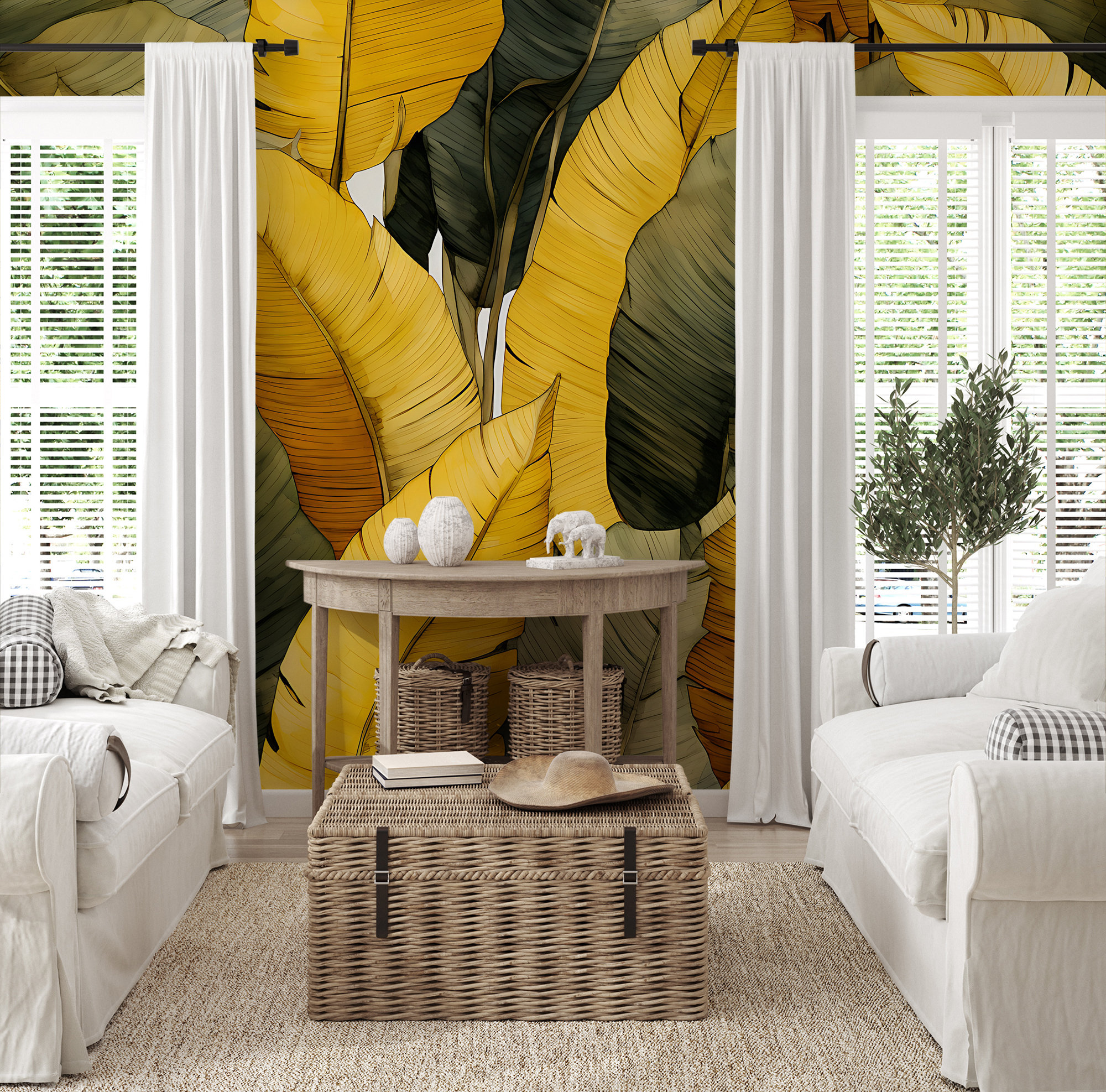Curated visual reference: Fresh Look at Yellow Green Tropical Leaves Wallpaper Wall Decor