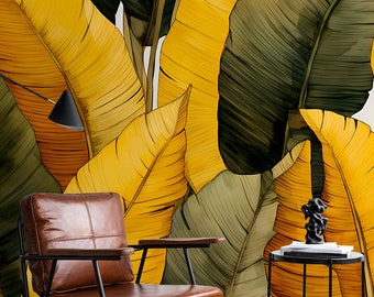 Tapete mit tropischen Blättern in Gelb und Grün | Wanddekoration | Hausrenovierung | Wandkunst | Vinyl-Tapete zum Abziehen und Aufkleben oder nicht selbstklebend