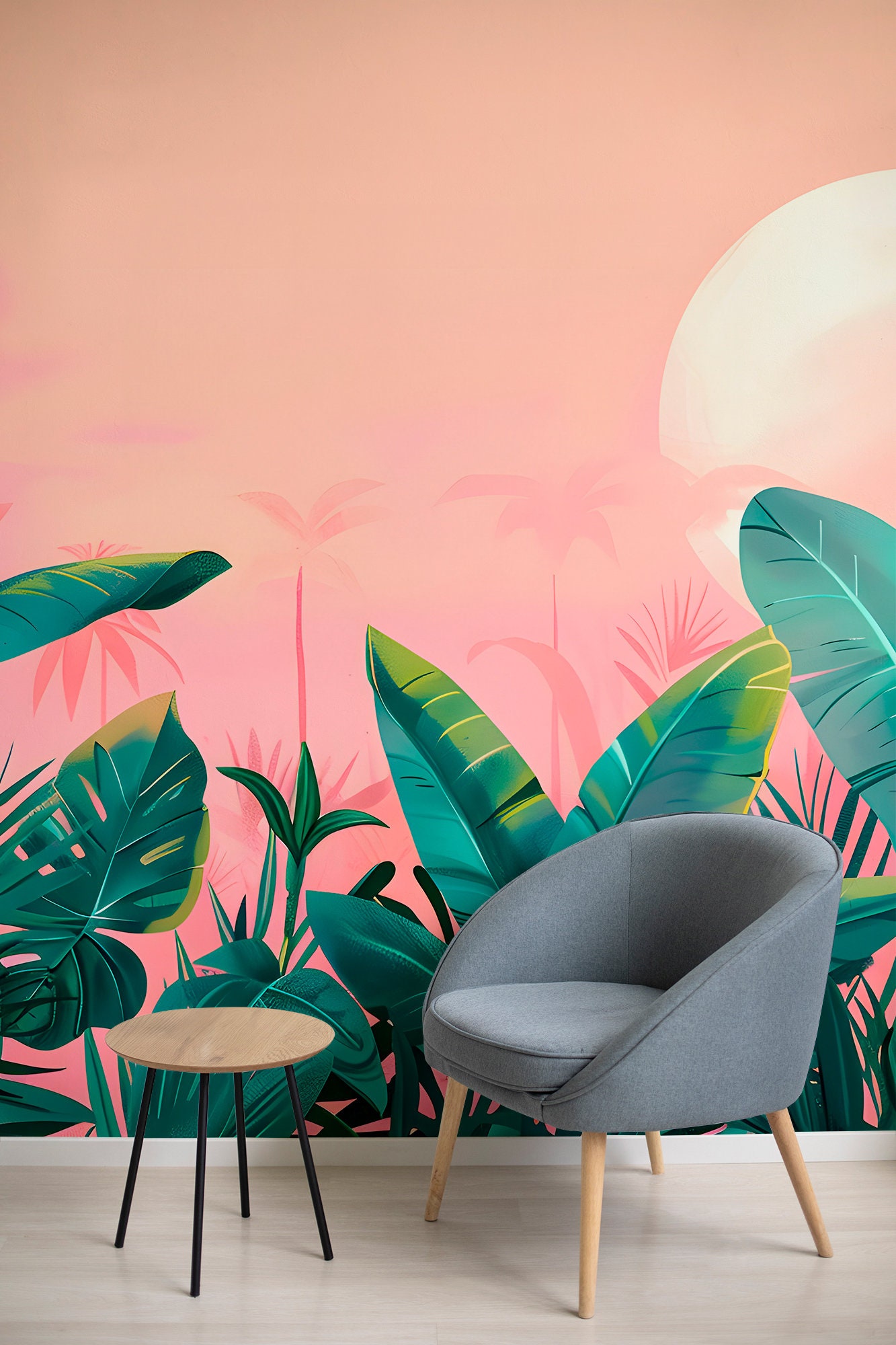 Tropical Green Leaves Wall Mural | Pink Wall Decor | Home Renovation ...