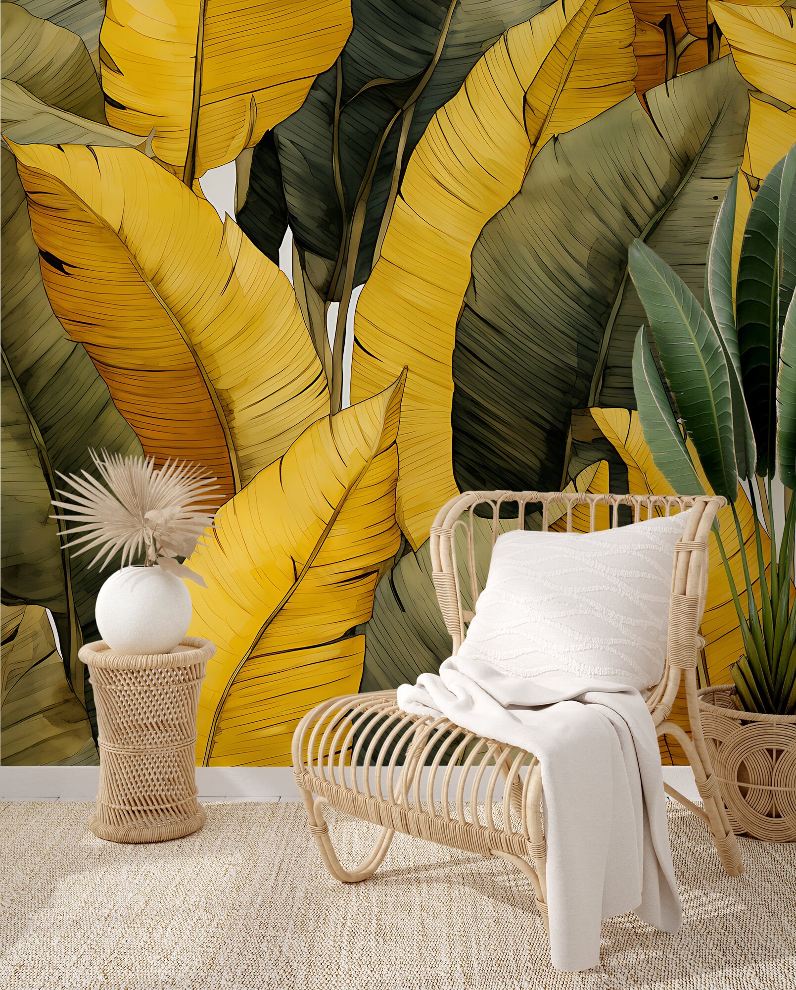 Yellow & Green Tropical Leaves Wallpaper | Wall Decor | Home Renovation ...