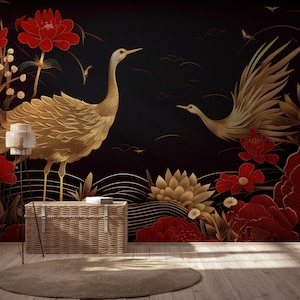 Fototapete Vögel und rote Blumen | Wanddekoration | Hausrenovierung | Wandkunst | Vinyl-Tapete zum Abziehen und Aufkleben oder nicht selbstklebend
