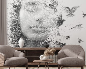 Abstraktes Wandbild mit Vögeln und Frauengesicht | Wanddekoration | Hausrenovierung | Wandkunst | Vinyl-Tapete zum Abziehen und Aufkleben oder nicht selbstklebend
