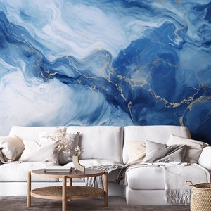 Abstrakte Kunsttapete aus blauem Marmor | Wanddekoration | Hausrenovierung | Wandkunst | Vinyl-Tapete zum Abziehen und Aufkleben oder nicht selbstklebend