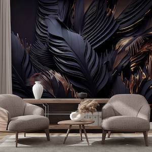 Papier peint exotique sombre | Décoration murale | Rénovation de maison | Art mural | Papier peint en vinyle à décoller et à coller ou non autocollant