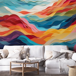 Regenbogenwellen-Tapete, welliges abstraktes Wandbild | Wanddekoration | Hausrenovierung | Wandkunst | Vinyl-Tapete zum Abziehen und Aufkleben oder nicht selbstklebend