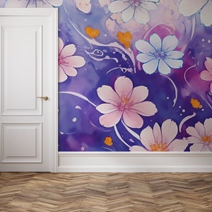 Lila abstrakte Blumentapete | Florales Wanddekor | Hausrenovierung | Wandkunst | Vinyl-Tapete zum Abziehen und Aufkleben oder nicht selbstklebend