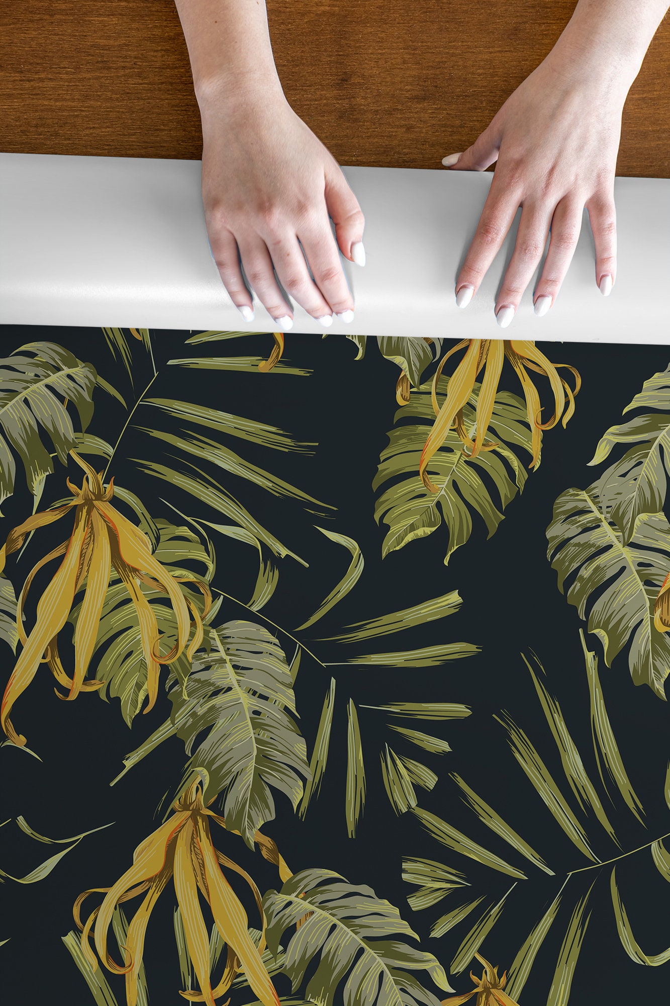 Floral Leaf Wallpaper, Dark Background | Wall Decor | Home Renovation ...