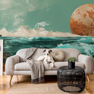Carta da parati astratta marina mare e sole | Decorazione da parete | Ristrutturazione casa | Arte della parete | Carta da parati in vinile staccabile e incollabile o non autoadesiva
