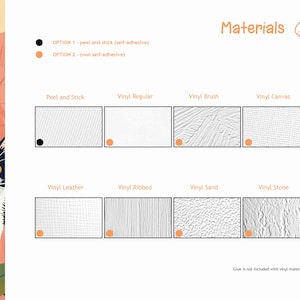 May include: An image showcasing various vinyl material options, including Peel and Stick, Vinyl Regular, Vinyl Brush, Vinyl Canvas, Vinyl Leather, Vinyl Ribbed, Vinyl Sand, and Vinyl Stone. The text "Materials" is displayed at the top. The image also includes a black and white cat.