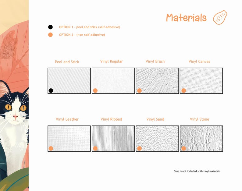 May include: An image showcasing various vinyl material options, including Peel and Stick, Vinyl Regular, Vinyl Brush, Vinyl Canvas, Vinyl Leather, Vinyl Ribbed, Vinyl Sand, and Vinyl Stone. The text "Materials" is displayed at the top. The image also includes a black and white cat.
