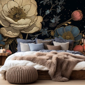 Fototapete mit Anemonenblüten, dunklem Blumenmuster | Wanddekoration | Hausrenovierung | Wandkunst | Vinyl-Tapete zum Abziehen und Aufkleben oder nicht selbstklebend
