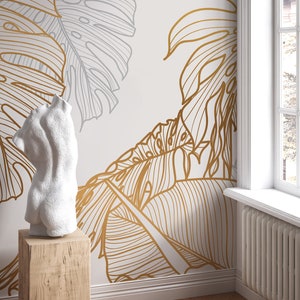 Mattgoldene Blumentapete | Wanddekoration | Hausrenovierung | Wandkunst | Vinyl-Tapete zum Abziehen und Aufkleben oder nicht selbstklebend