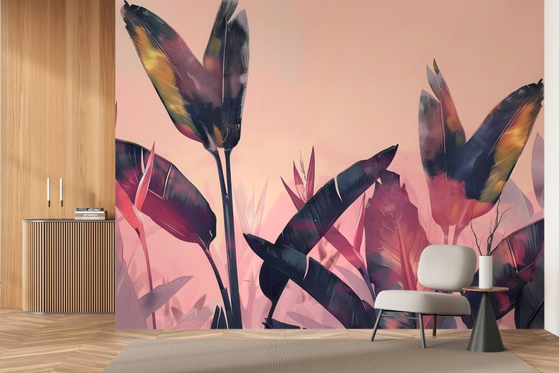 Peinture murale de feuilles violettes tropicales Décor mural rose Rénovation domiciliaire Art mural Papier peint vinyle à décoller et à coller ou non autocollant image 1