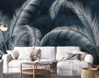 Tapete mit Palmenblättern und tropischen Pflanzen | Wanddekoration | Wohnungsrenovierung | Wandkunst | Selbstklebende oder nicht selbstklebende Vinyltapete