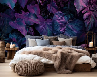 Tropical purple leaves wallpaper | Wall Decor | Home Renovation | Wall Art | Peel and Stick Or Non Self-Adhesive Vinyl Wallpaper