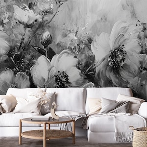 Monochrome floral wall mural | Wall Decor | Home Renovation | Wall Art | Peel and Stick Or Non Self-Adhesive Vinyl Wallpaper