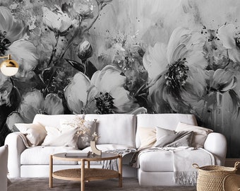 Monochromes florales Wandbild | Wanddekoration | Hausrenovierung | Wandkunst | Vinyl-Tapete zum Abziehen und Aufkleben oder nicht selbstklebend