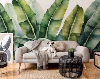 Bananenbladeren groene aquarel muurschildering | Wanddecoratie | Woningrenovatie | Kunst aan de muur | Schil en plak of niet-zelfklevend vinylbehang