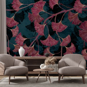 Luxustapete, rosa Ginkgoblatt-Tapete | Wanddekoration | Hausrenovierung | Wandkunst | Vinyl-Tapete zum Abziehen und Aufkleben oder nicht selbstklebend