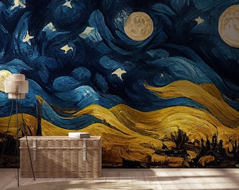 May include: A painting of a starry night sky with a large yellow moon and swirling blue and yellow clouds. The painting is in a modern style and is perfect for adding a touch of art to any room.