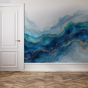 Abstrakte blaue Marmortapete | Wanddekoration | Hausrenovierung | Wandkunst | Vinyl-Tapete zum Abziehen und Aufkleben oder nicht selbstklebend