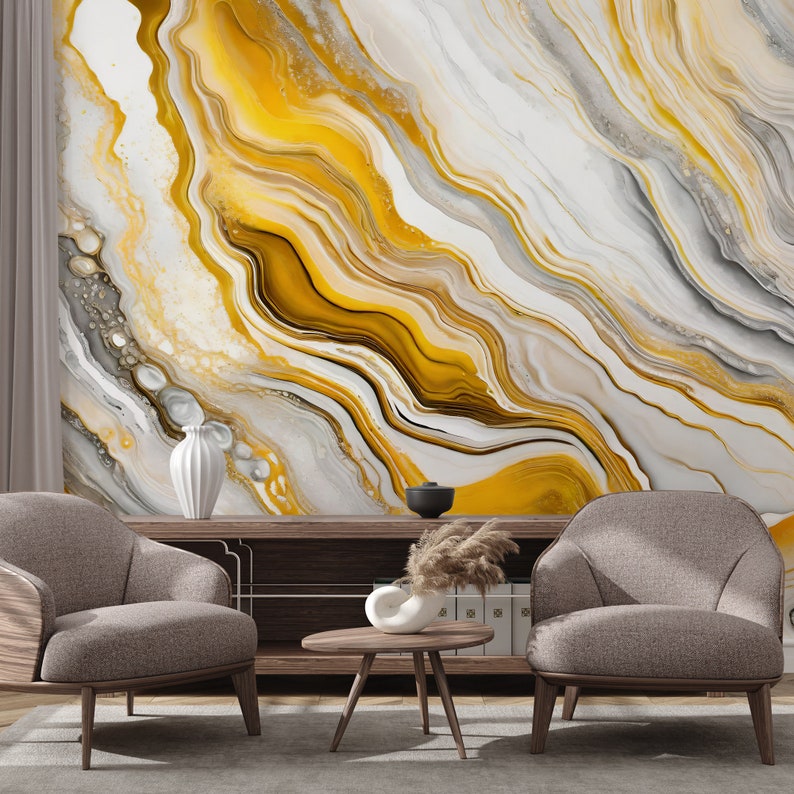 Papel pintado abstracto de mármol amarillo vibrante Decoración de pared Renovación del hogar Arte de pared Papel tapiz de vinilo despegable y pegado o no autoadhesivo imagen 2