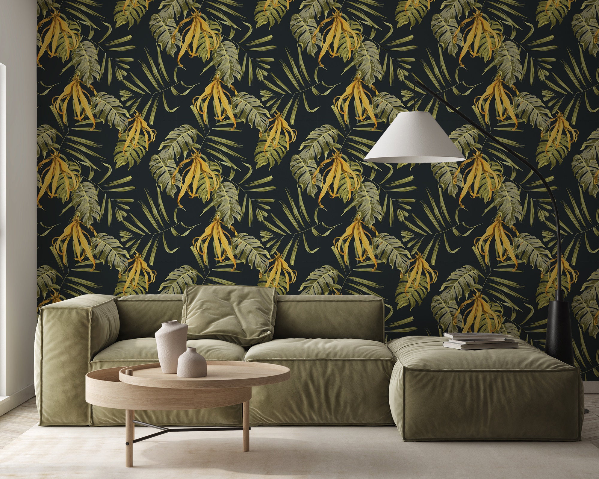 Floral Leaf Wallpaper, Dark Background | Wall Decor | Home Renovation ...