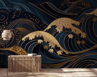 Japanese style wall mural, wave pattern | Wall Decor | Home Renovation | Wall Art | Peel and Stick Or Non Self-Adhesive Vinyl Wallpaper