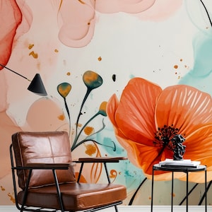 Poppy abstract floral wallpaper | Wall Decor | Home Renovation | Wall Art | Peel and Stick Or Non Self-Adhesive Vinyl Wallpaper