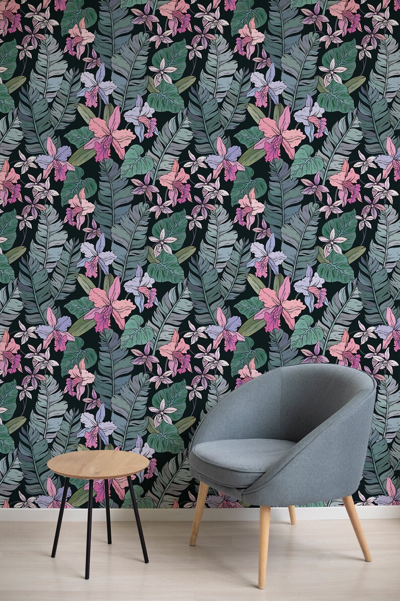 Tropical orchid flower wallpaper, palm leaf Wall Decor Home Renovation Wall Art Peel and Stick Or Non Self-Adhesive Vinyl Wallpaper image 2