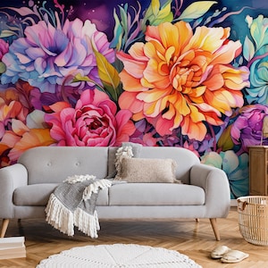 Carta da parati floreale retrò colorata | Decorazione murale floreale | Ristrutturazione della casa | Arte murale | Carta da parati in vinile staccabile e attaccabile o non autoadesiva