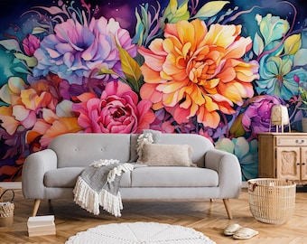 Kleurrijk retro bloemenbehang | Bloemen wanddecoratie | Woningrenovatie | Kunst aan de muur | Schil en plak of niet-zelfklevend vinylbehang