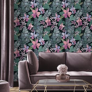 Tropical orchid flower wallpaper, palm leaf Wall Decor Home Renovation Wall Art Peel and Stick Or Non Self-Adhesive Vinyl Wallpaper image 3