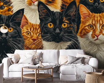 Kätzchen-Tapete, süßes Wandbild mit Katzen | Wanddekoration | Hausrenovierung | Wandkunst | Vinyl-Tapete zum Abziehen und Aufkleben oder nicht selbstklebend