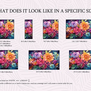 May include: A watercolor floral print in various sizes, showcasing vibrant blooms in shades of pink, orange, purple, and blue. The image includes text indicating dimensions in inches and centimeters, with a note about custom sizes.