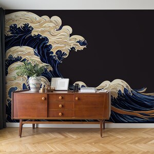 Abstraktes Wellen-Wandbild im japanischen Stil | Wanddekoration | Hausrenovierung | Wandkunst | Vinyl-Tapete zum Abziehen und Aufkleben oder nicht selbstklebend