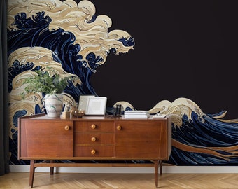 Abstraktes Wellenmotiv im japanischen Stil | Wanddekoration | Wohnungsrenovierung | Wandkunst | Selbstklebende oder nicht selbstklebende Vinyltapete