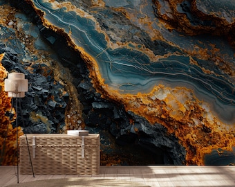 May include: Abstract wall art featuring a close-up of a blue and gold marble-like pattern. The pattern resembles a rocky landscape with deep crevices and veins of gold.