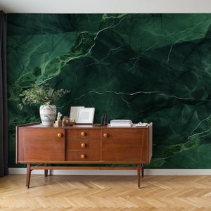 Abstrakte Kunsttapete aus dunkelgrünem Marmor | Wanddekoration | Hausrenovierung | Wandkunst | Vinyl-Tapete zum Abziehen und Aufkleben oder nicht selbstklebend