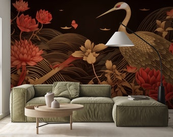 Kraanvogel en rode bloemen muurschildering | Wanddecoratie | Woningrenovatie | Kunst aan de muur | Schil en plak of niet-zelfklevend vinylbehang